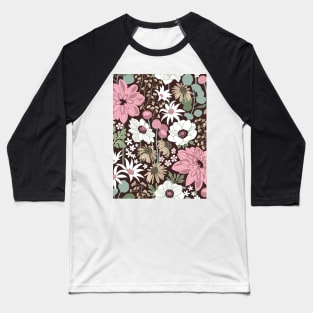 Boho garden // pattern // expresso brown background sage green cotton candy pink dry rose ivory and white flowers Baseball T-Shirt